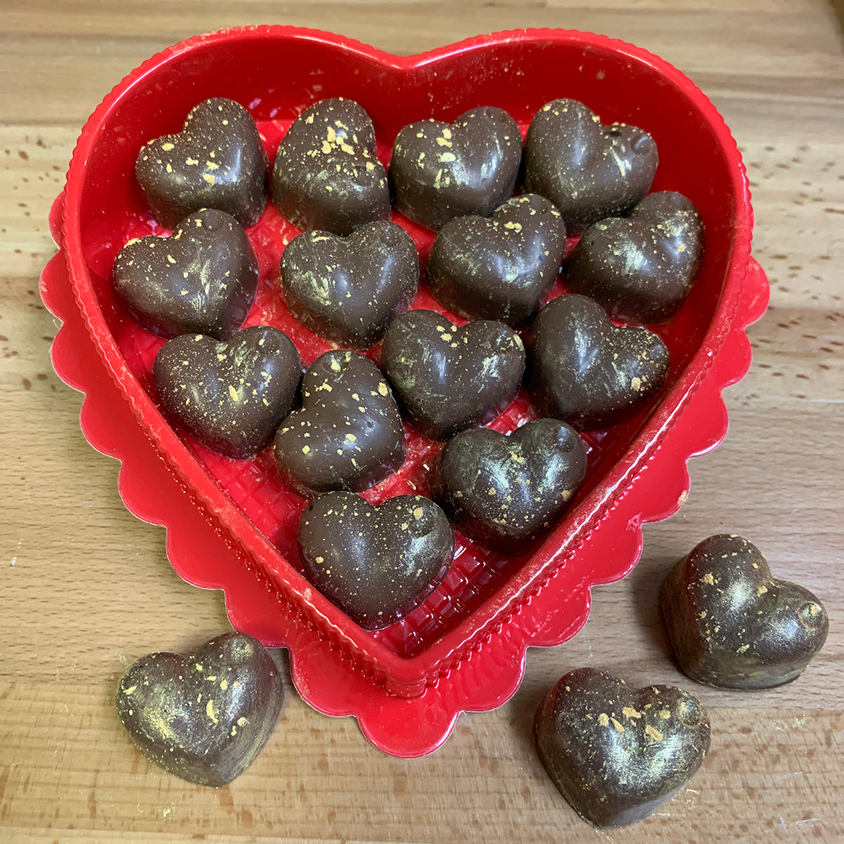 Gold-Speckled Solid Chocolate Bites ~ 4 oz in heart-shaped box