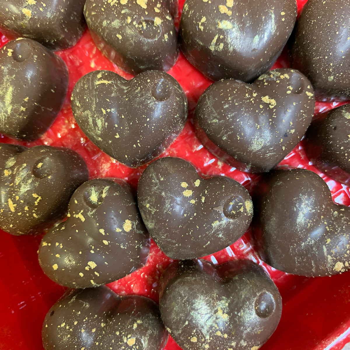 Gold-Speckled Solid Chocolate Bites ~ 4 oz in heart-shaped box